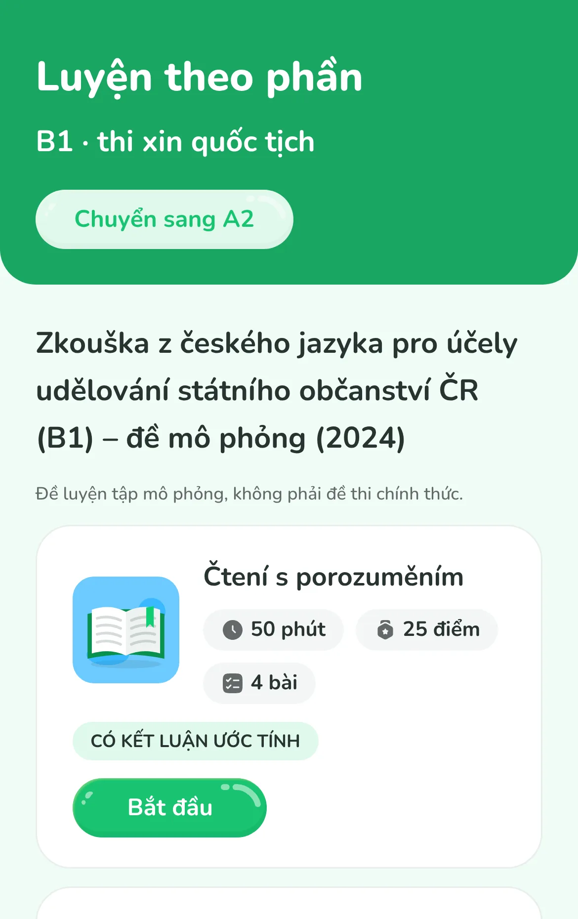 Danh sách luyện theo phần B1: tên kỳ thi chính thức, phần Đọc hiểu với 50 phút, 25 điểm, 4 bài và nút Bắt đầu