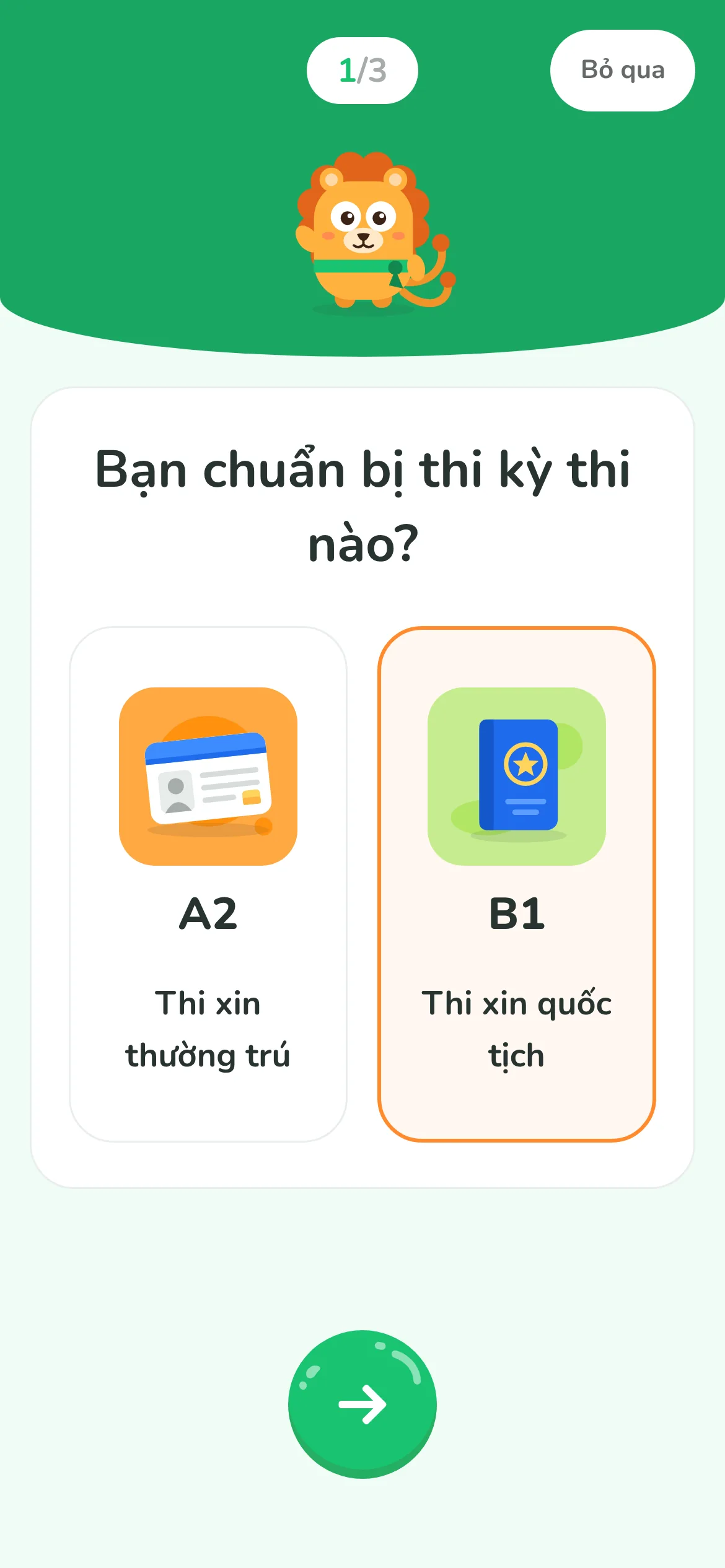 Bước chọn kỳ thi: Bạn chuẩn bị thi kỳ thi nào? A2 hoặc B1
