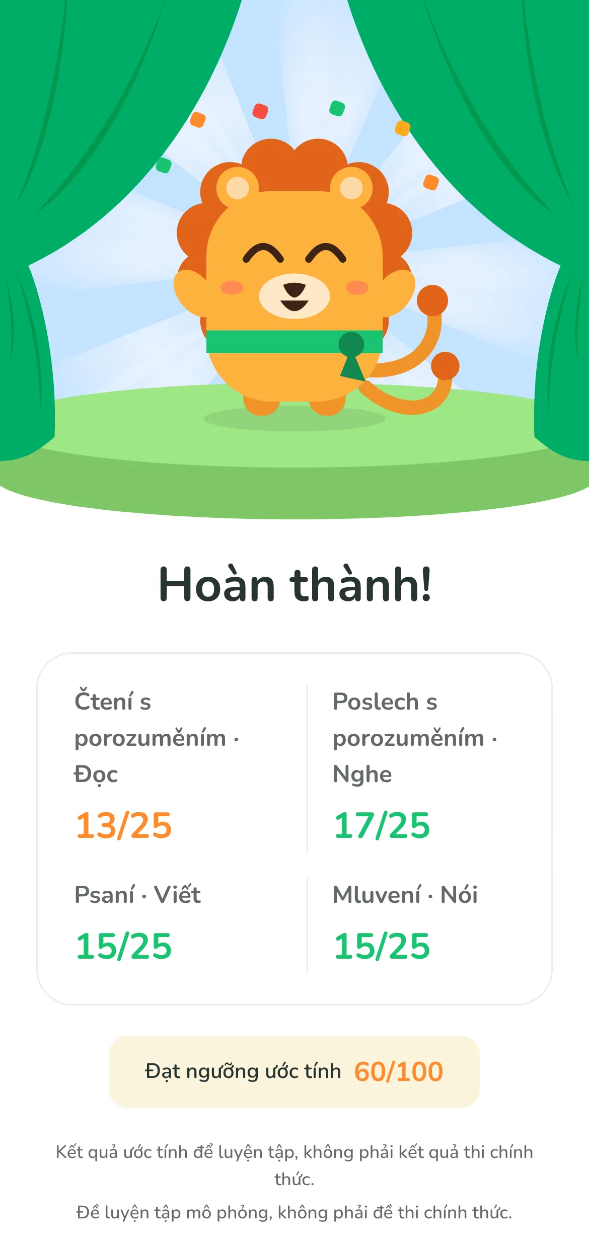 Màn hình kết quả của Levigo: điểm từng phần và nhãn Đạt ngưỡng ước tính 60/100